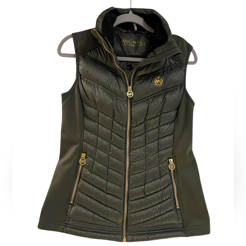 Michael Kors Green Leopard Print Puffer Vest Stretch Good Logo Zipper